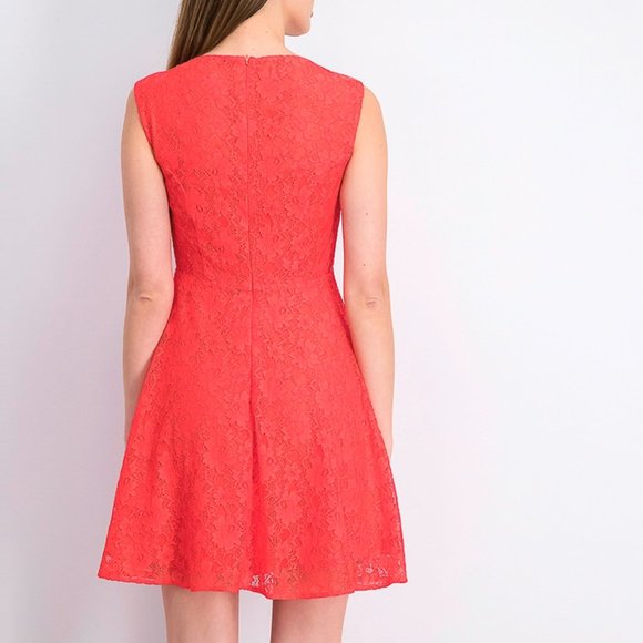 New! NWT French Connection v neck sleeveless coral lace fit & flare A line dress - Picture 2 of 8